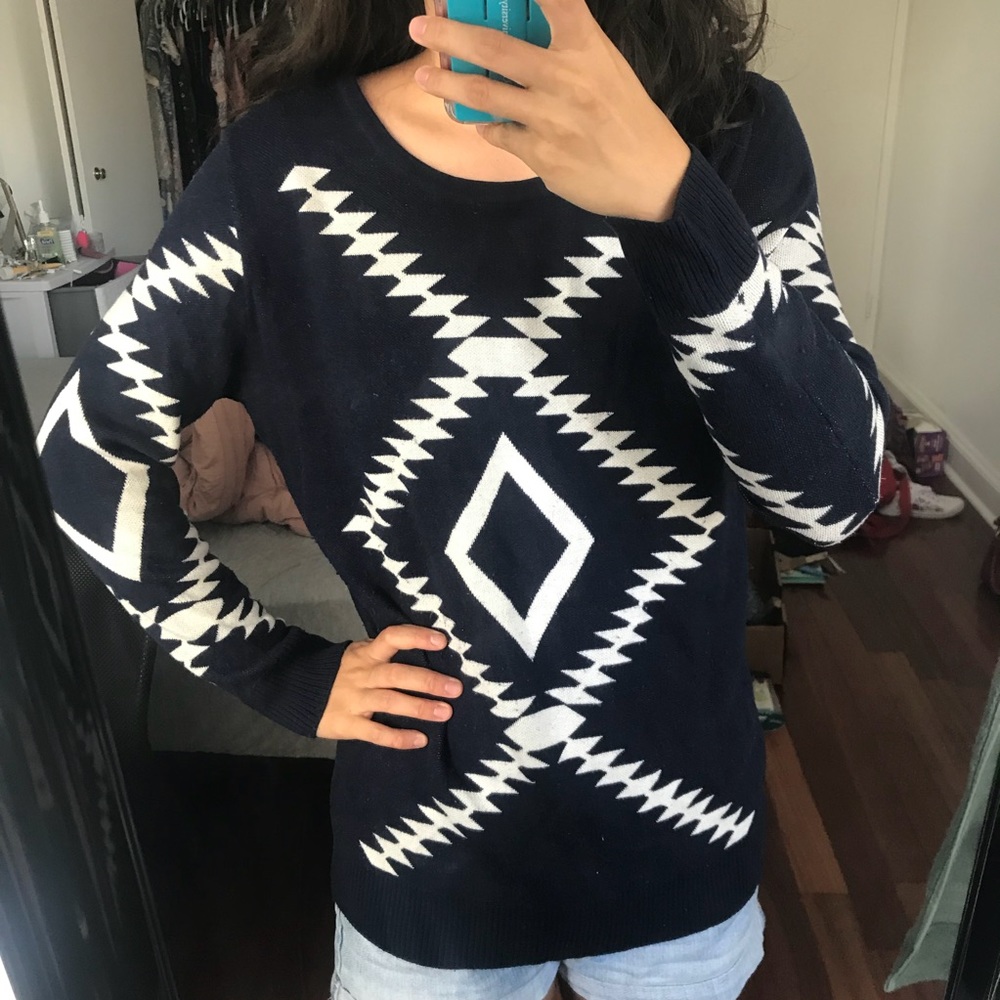 Navy blue and white tribal print sweater